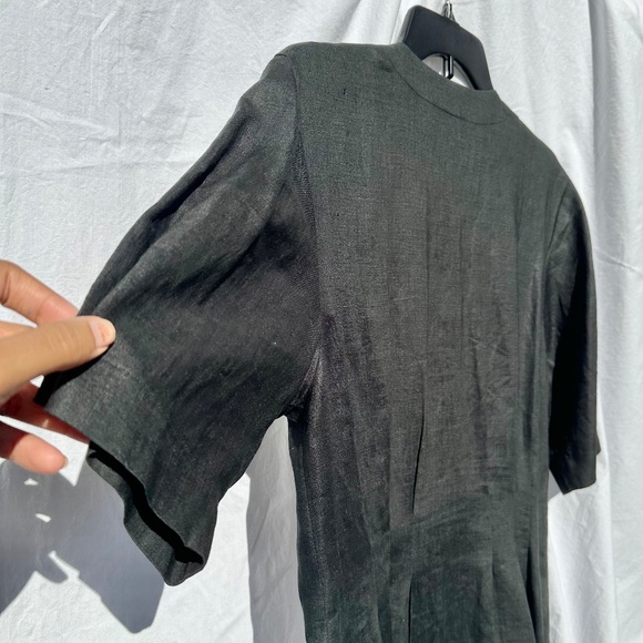 100% Linen Black Cinched Waist Structured Midi Length Minimalist Dress - Picture 4 of 5